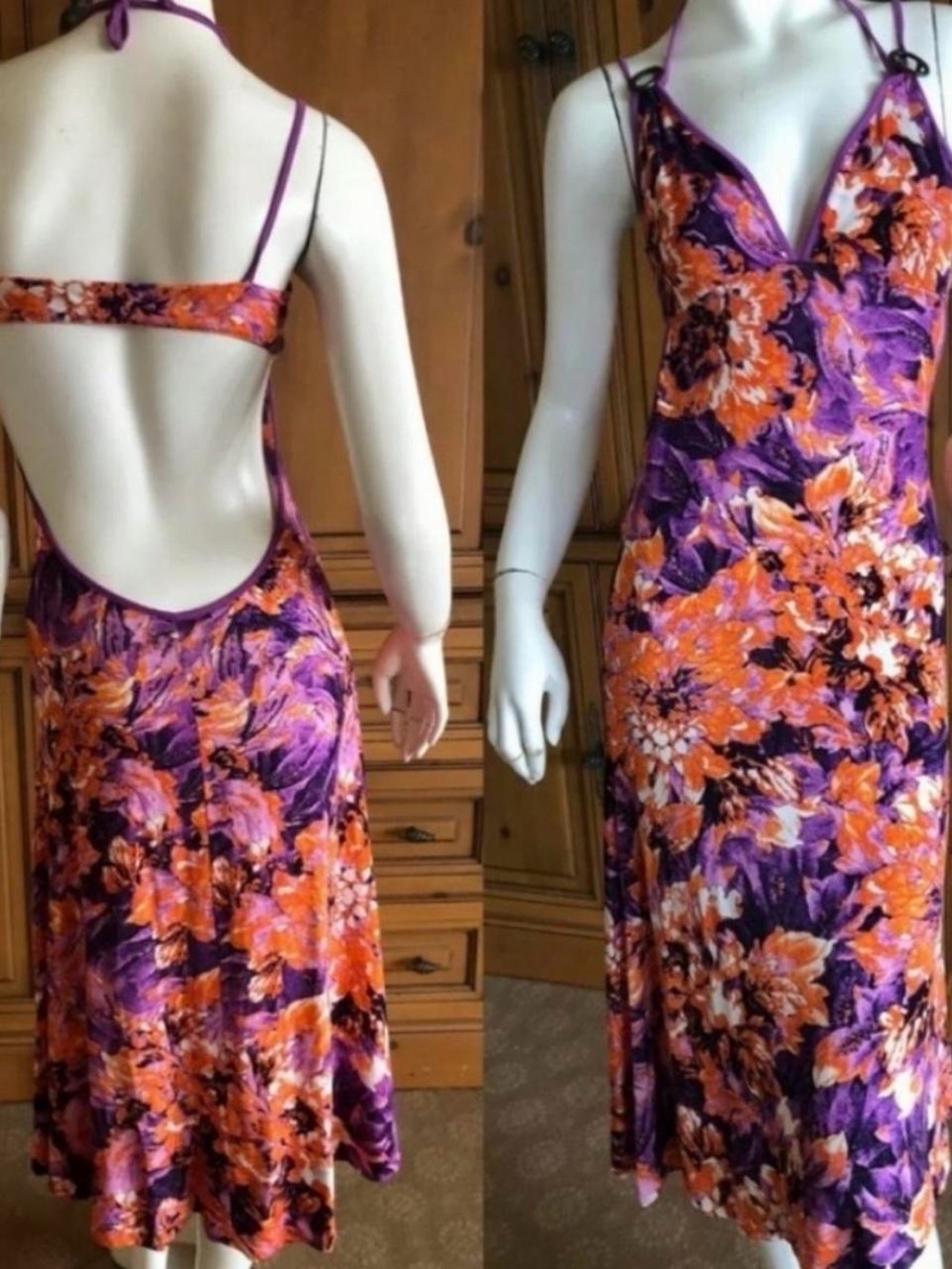 Roberto Cavalli Vintage Purple & Orange Floral Backless Slip Dress - Picture 3 of 11